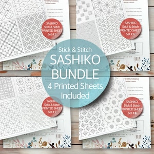 May include: A bundle of four printed Sashiko stick and stitch sheets. Each sheet features a different black and white geometric pattern. The bundle includes sets 5, 6, 7, and 8. The text "Sashiko Bundle" is displayed in a circular design.