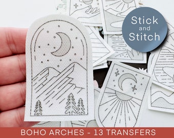 Boho Arches hand embroidery pattern, stick and stitch transfer patch, peel and stick embroidery paper, trendy embroidery pack for clothes