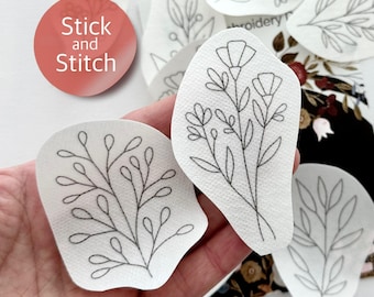 Wildflowers stick and stitch embroidery patterns, peel and stick transfer patch, floral embroidery paper, trendy embroidery pack for clothes