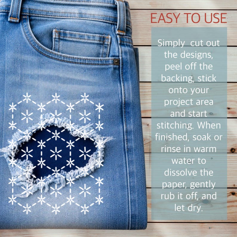 May include: Close-up of blue denim jeans with a distressed patch featuring a white floral design. The text "EASY TO USE" is at the top, with instructions on how to apply the patch.