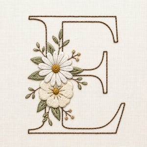 May include: A hand-embroidered capital letter E in dark brown thread on a cream-colored fabric background. The letter is decorated with two white daisy-like flowers with yellow centers, surrounded by green embroidered leaves and small buds.