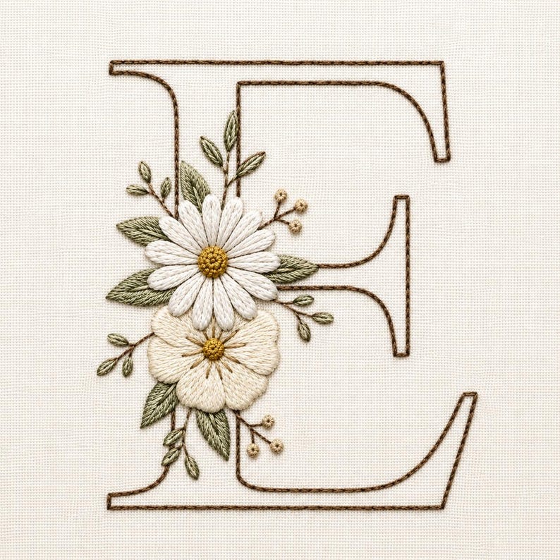 May include: A hand-embroidered capital letter E in dark brown thread on a cream-colored fabric background. The letter is decorated with two white daisy-like flowers with yellow centers, surrounded by green embroidered leaves and small buds.