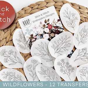 Wildflowers stick and stitch embroidery patterns, peel and stick transfer patch, floral embroidery paper, trendy embroidery pack for clothes