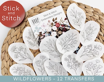 Wildflowers stick and stitch embroidery patterns, peel and stick transfer patch, floral embroidery paper, trendy embroidery pack for clothes