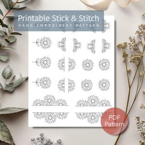 Puede incluir: Una hoja de patrón PDF imprimible blanca con dibujos lineales negros de girasoles y abejas. El texto "Printable Stick & Stitch Hand Embroidery Pattern" está en la parte superior. Un círculo rojo con el texto "PDF Pattern" está en la esquina inferior derecha.