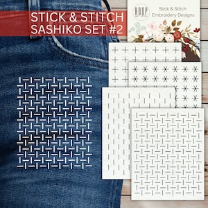 May include: A Stick & Stitch Sashiko Set #2 featuring multiple white adhesive embroidery stabilizer sheets with black geometric patterns, including crosses, stars, and dashed lines, displayed alongside a blue denim fabric sample.