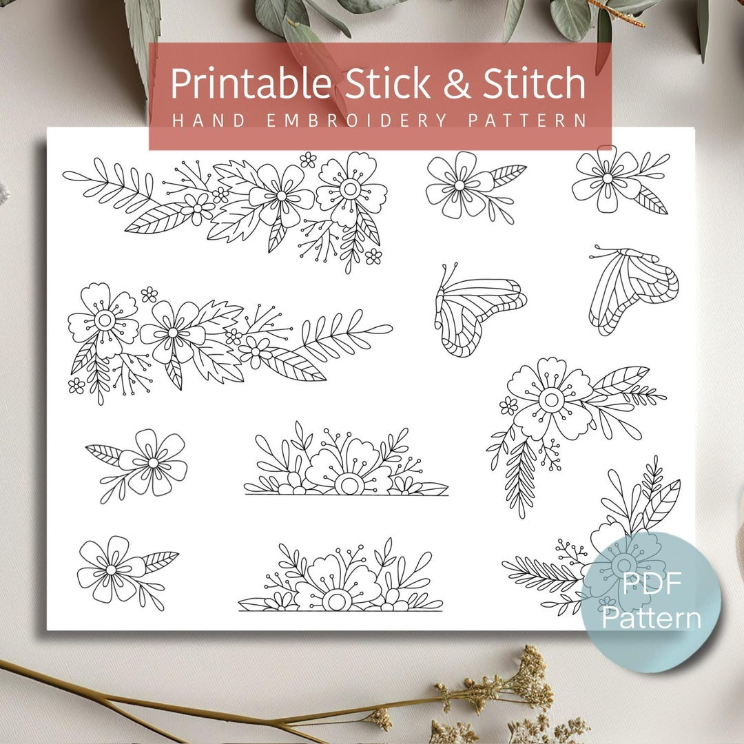 Floral Pairs Hand Embroidery Pattern, Printable Stick and Stitch ...