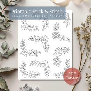 May include: Printable stick and stitch hand embroidery pattern featuring nine floral corner designs. The PDF pattern is perfect for adding a touch of elegance to your next project.