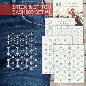 Sashiko Stick and Stitch Pattern, Visible Mending Patch, Wash Away Embroidery Transfer, Japanese Clothing Repair, Denim Repair Set #1