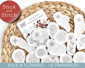 Bienen und Blumen Stickmuster, Stick and Stitch Transfer Patch, Peel und Stick Stickpapier, trendiges Stickpaket für Kleidung