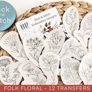 Folk floral stick and stitch embroidery pattern, embroidery transfer patch, peel and stick embroidery paper, embroidery flowers for clothes