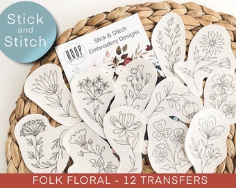 Folk floral stick and stitch embroidery pattern, embroidery transfer patch, peel and stick embroidery paper, embroidery flowers for clothes