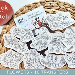 Flowers hand embroidery pattern, botanical stick and stitch transfer patch, peel and stick embroidery paper, trendy embroidery for clothes image 1