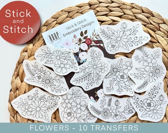 Flowers hand embroidery pattern, botanical stick and stitch transfer patch, peel and stick embroidery paper, trendy embroidery for clothes