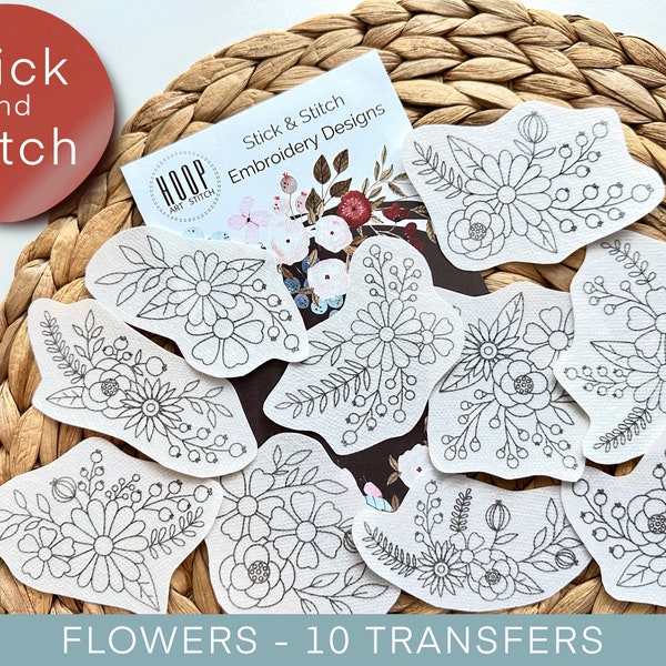Flowers hand embroidery pattern, botanical stick and stitch transfer patch, peel and stick embroidery paper, trendy embroidery for clothes
