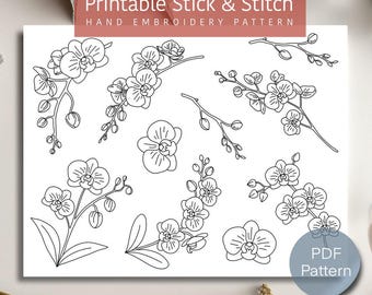 蘭の花の刺繍パターン、印刷可能なスティックアンドステッチデザイン、蘭の花のデザインPDF、デジタルダウンロード手刺繍パターン