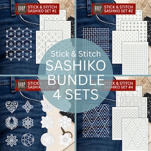 Set di 4 toppe ricamate Sashiko per riparazioni visibili, cucito a mano giapponese, facili da applicare e rimuovere.