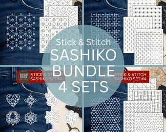 May include: A bundle of four Stick & Stitch Sashiko sets featuring white adhesive embroidery patterns on blue denim fabric. The sets include geometric, floral, and heart designs, with labels identifying each set as #1, #2, #3, and #4 for embroidery.