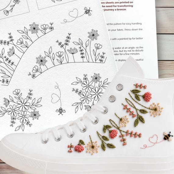 Floral Shoe Stick and Stitch Embroidery Patterns, Sneaker Embroidery Printed Sheet, Water Soluble Peel and Stick Patches