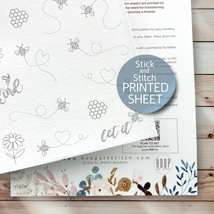 Bees and flower embroidery pattern, stick and stitch printed sheet, peel and stick transfer patch, wash away stabilizer, embroidery clothing