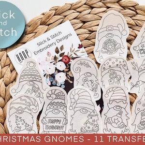 Christmas gnomes stick and stitch embroidery patterns, ornament peel and stick transfer patch, cute embroidery paper for DIY Christmas gift