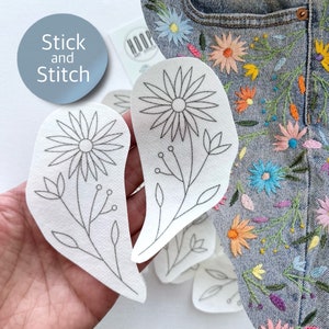 Floral elements hand embroidery pattern, stick and stitch transfer patch, peel and stick flower pair, embroidery design for jeans, DIY gift