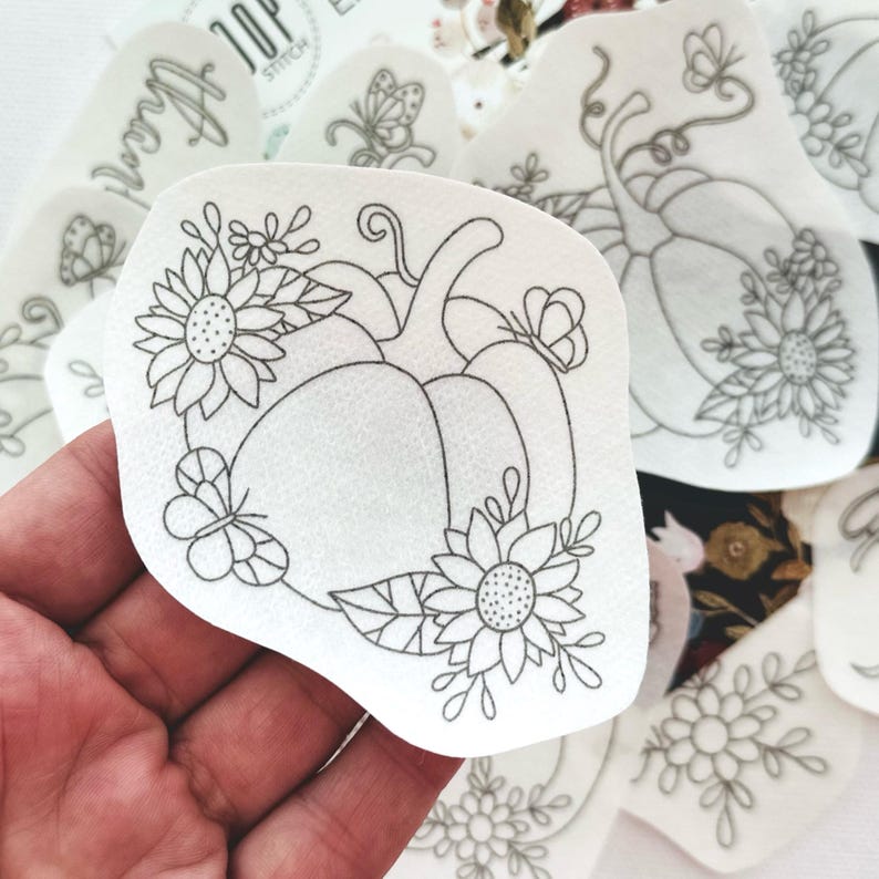 Pumpkins Stick and Stitch Embroidery Pattern, Fall Flowers Transfer