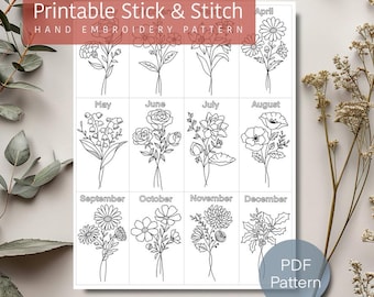 Broderimönster med blommor från födelsemånad, utskrivbart Stick and Stitch, design för födelseblomma i PDF-format, digitala nedladdningar, handbroderimönster