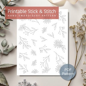 Floral elements hand embroidery pattern, printable stick and stitch, botanical embroidery, digital download, embroidery jean, handmade gift