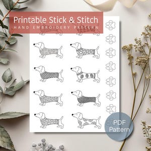 Peut inclure: Un motif de broderie à la main imprimable, avec des chiens teckels en pulls. Le motif noir et blanc comprend plusieurs illustrations de teckels avec divers motifs de pulls et des empreintes de pattes. Le texte "PDF Pattern" est également inclus.