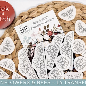 Sunflowers and bees embroidery pattern, stick and stitch transfer patch, peel and stick embroidery paper, trendy embroidery pack for clothes