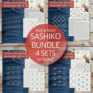 Op de afbeelding: Een bundel van vier Stick and Stitch Sashiko sets. Elke set bevat meerdere ontwerpen met ingewikkelde patronen. De ontwerpen worden weergegeven op denim stof. De sets zijn genummerd 5, 6, 7 en 8. Ideaal voor borduurliefhebbers.