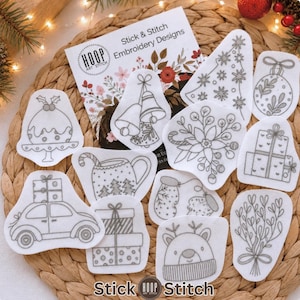 Christmas Stick and Stitch Embroidery Pattern, Holiday Wash Away Transfer Paper, Peel and Stick Embroidery Designs, DIY Hand Embroidery Set