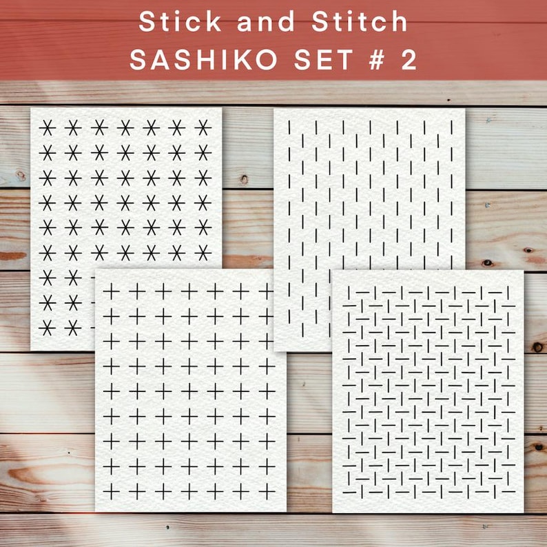 May include: A set of four white fabric panels with black Sashiko stitch patterns. The patterns include asterisks, vertical lines, plus signs, and a woven design. The text "Stick and Stitch SASHIKO SET # 2" is at the top.