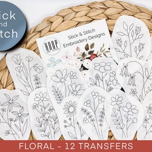 Floral stick and stitch embroidery pattern, botanical embroidery transfer patch, peel and stick embroidery paper, hand embroidery design DIY