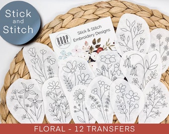 Floral stick and stitch embroidery pattern, botanical embroidery transfer patch, peel and stick embroidery paper, hand embroidery design DIY