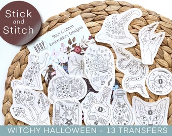 Witchy Halloween stick and stitch embroidery patterns, magic peel and stick transfer patch, spooky embroidery paper, embroidery for clothes