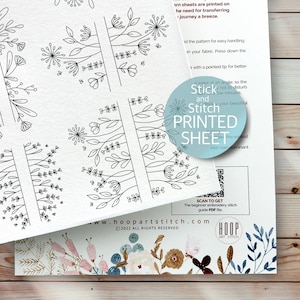 Botanical pair embroidery pattern, stick and stitch printed sheet, peel and stick transfer patch, wash away stabilizer, embroidery gift