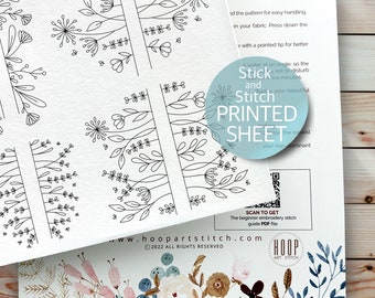 Botanical pair embroidery pattern, stick and stitch printed sheet, peel and stick transfer patch, wash away stabilizer, embroidery gift
