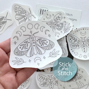 Stick and Stitch Celestial Butterflies, Moths Embroidery Patterns, Peel and Stick Transfers, Water-Soluble Paper, Hand Embroidery Designs