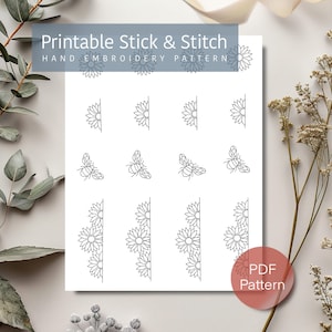 Puede incluir: Un PDF imprimible blanco con un patrón de bordado a mano. El diseño presenta contornos de girasoles y abejas. El texto "Printable Stick & Stitch" y "Hand Embroidery Pattern" está en la parte superior. Un círculo rojo con el texto "PDF Pattern" está en la parte inferior derecha.