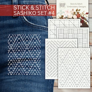 May include: A Stick & Stitch Sashiko Set #4 featuring multiple white adhesive embroidery patterns with black geometric lines. The designs include chevron, grid, and stepped motifs, shown applied to dark blue denim fabric and on paper sheets.