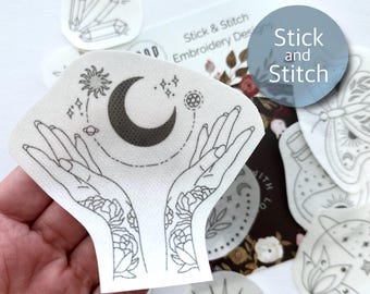 Moons and magic embroidery design, celestial stick and stitch, mystical peel and stick pattern, embroidery paper, wash away stabilizer