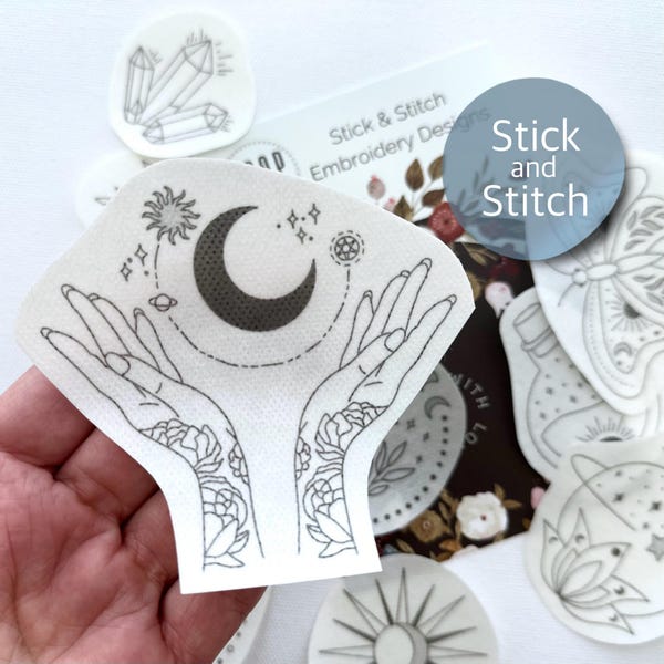 Moons and magic embroidery design, celestial stick and stitch, mystical peel and stick pattern, embroidery paper, wash away stabilizer