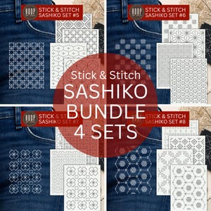 Peut inclure: Une collection de quatre ensembles Sashiko Stick & Stitch, étiquetés #5, #6, #7 et #8, présentant des motifs de broderie adhésifs blancs sur du tissu denim bleu foncé. Chaque ensemble comprend plusieurs feuilles aux motifs géométriques et floraux.