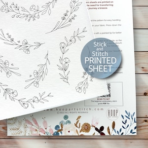 Floral border pair embroidery pattern, stick and stitch printed sheet, peel and stick transfer patch, wash away stabilizer, embroidery gift