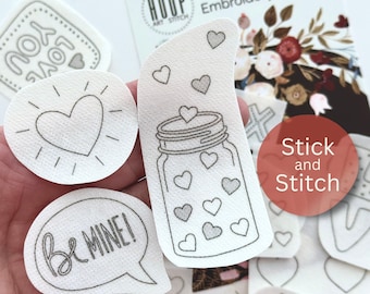 Stick and stitch Valentines, embroidery heart design, peel and stick transfer patch, water-soluble paper, hand embroidery pattern, gift DIY