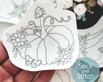 Pumpkins stick and stitch embroidery pattern, fall flowers transfer patch, Thanksgiving peel and stick embroidery paper, trendy embroidery