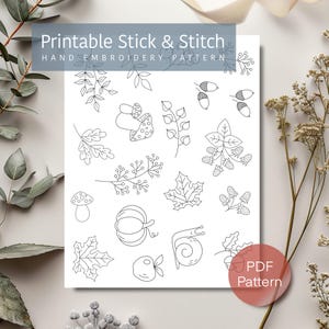 May include: Printable stick and stitch embroidery pattern featuring a variety of autumn-themed designs, including leaves, mushrooms, acorns, a pumpkin, a snail, and berries. The pattern is labeled "PDF Pattern".