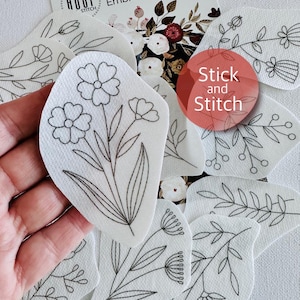 Simple Botanical Stick and Stitch Embroidery Patterns, Easy Floral Peel and Stick Transfer Pack, DIY Hand Embroidery for Beginners